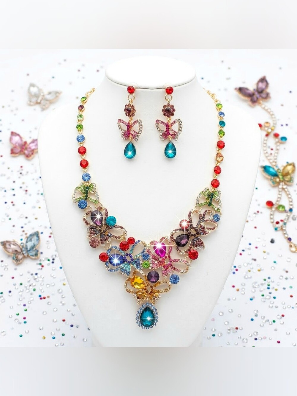 Gold plated multicolor crystal flower butterfly necklace earrings set